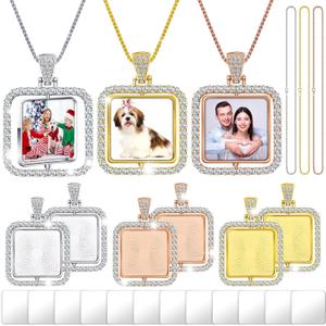 Junkin 24 Pcs Sublimation Rhinestone Trays Pendant Set, Including 6 Double Sided Blank Rhinestone Bezel Trays, 6 Pcs Thick Chains with 12 Sublimation Discs for Making (Silver, Gold, Rose Gold)