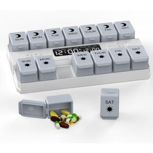 Weekly Pill Organizer with Alarms System, Removable Silicone Pill Box 7 Day 2 Time, Large Size Pill Case for Home and Travel, Secure Magnetic Base, Waterproof & Moisture Resistant (Gray)