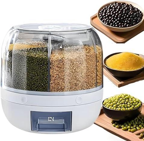 Wnnideo Rotating Grain Storage Bin 6 Grids Rice Container One-Click Output Large Capacity Food Dispenser For Rice Grains Sealed Moisture Proof Organizer (Small)