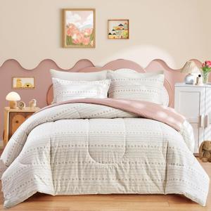 Joyreap 3pcs Floral Cotton Comforter Set for Girls, Pink Flower Stripes Boho Design, Twin Size Soft n Cozy Bedding Comforter Set for All Season- 68x88 inches