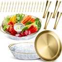 Baderke 2 Sets 11.8" Chilled Serving Tray for Parties Round Iced Platter with Ice Underneath Stainless Steel Clip Fruit Fork Shrimp Cocktail Serving Dish for Oysters Crawfish Fruits (Gold)