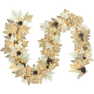 6 FT Realistic Fall Garland with Lights Timer Function Fall Leaves Maple Garland with Berries Pine Cones Autumn Automatic Fall Decorations for Home Mantle Fireplace Porch Table Decor (Elegant Autumn Colors)