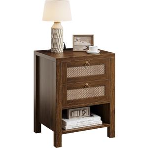 Rattan Night Stand with Drawers - Boho Nightstand with Charging Station, Bedside Table with Storage Shelf, Accent Side Table End Tables Living Room, Wood Nightstands for Bedroom, Walnut, 15.75"D x 18.11"W x 25.2"H