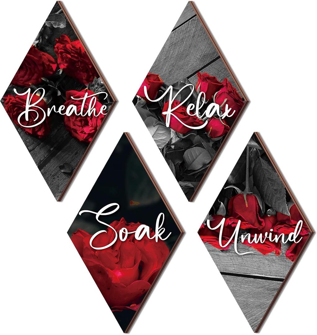 Jetec 4 Pcs Bathroom Decor Wall Art Relax Soak Unwind Breathe Wooden Sign Hanging Bathroom Decor for Bedroom Living Room Office Farmhouse Decorations(Rose)