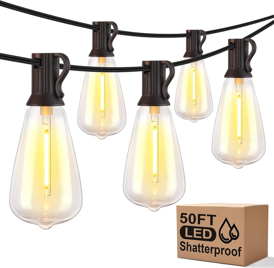 Outdoor String Lights, 27 Waterproof LED Bulbs Patio Lights, ST38 50FT 2200K Retro Connectable String Lights for Patio Backyard Balcony (Black)
