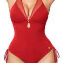 Popilush Tummy Control Swimsuits for Women - One Piece Shapewear Bathing Suit with Built-in Bra Mesh Slimming Swimsuit (Red, L)