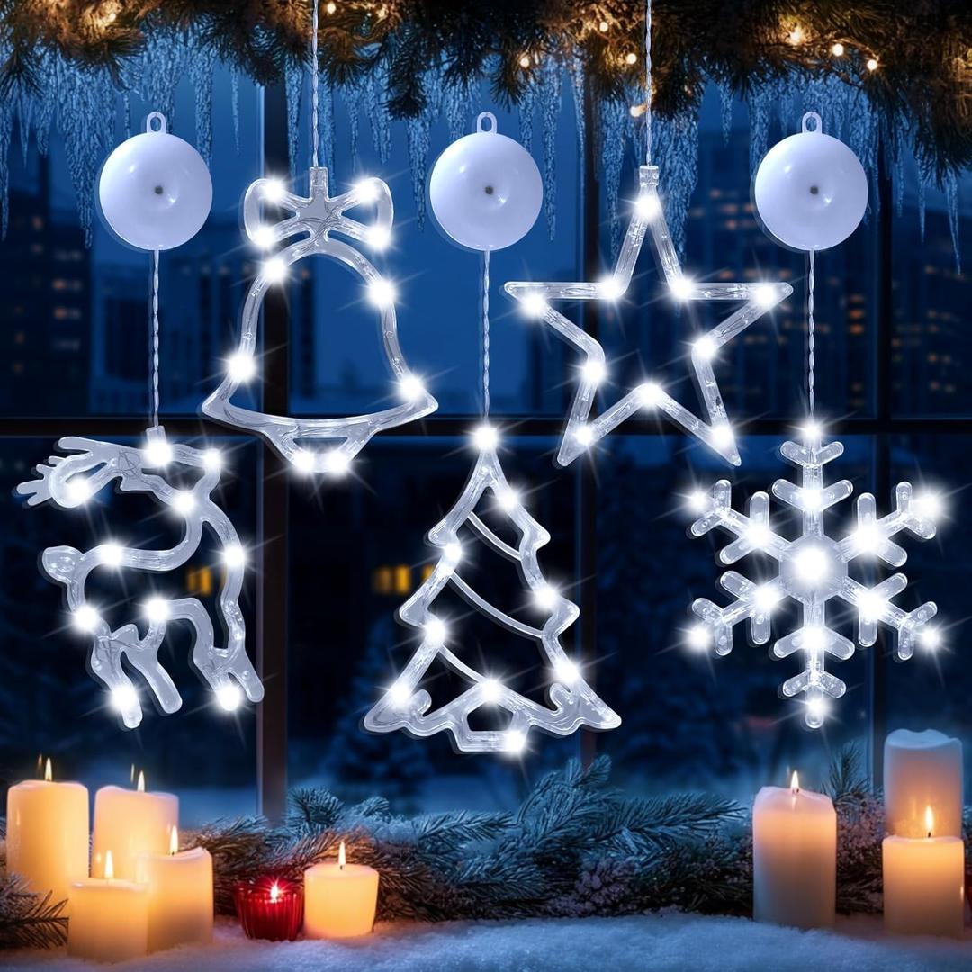 5PC Christmas Window Lights Decorations, Window Christmas Decorations with Suction Cup, Lighted Bell Tree Reindeer Snowflake Star with Timer Function, for Windows, Glass Walls, Christmas Trees (Cool colours)