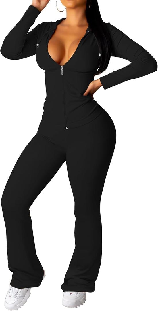 PINSV Women 2 Piece Outfits Workout Bodycon Tracksuit Long Sleeve Zip Up Hoodie Jacket Matching Flared Pants Sets (XX-Large, Black)