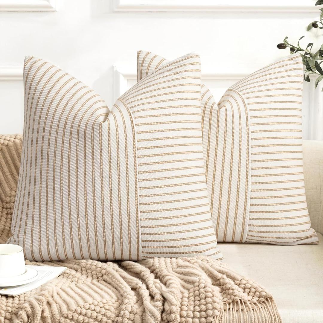 Farmhouse Pillow Covers 16x16, Modern Accent Square Throw Pillow Covers Set of 2, Khaki and Beige Striped Patchwork Linen Decorative Pillows Cushion Covers for Couch Chair Bedroom Fall Decorations