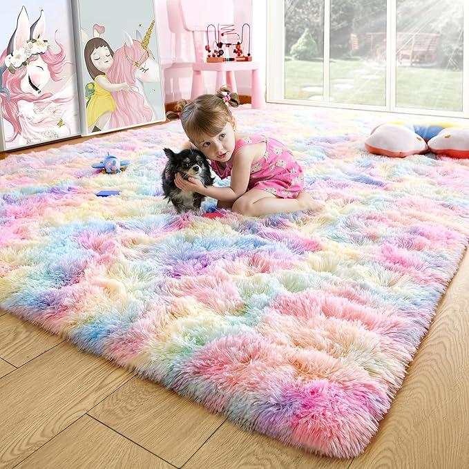Noahas 5x8 Fluffy Rainbow Rug for Girls Bedroom,Soft Rainbow Room Rug,Shaggy Area Rugs for Living Room,Fuzzy Colorful Playroom Nursery Rugs Room Decor