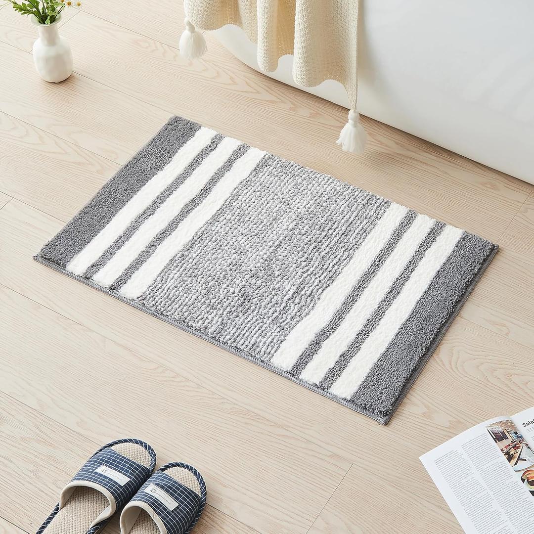 CozeCube Bath mats for Bathroom Non Slip, Fluffy Absorbent Microfiber Bath mat Washable, Aesthetic Bathroom Rugs, Small Grey Striped Bath mat, Grey, 24" x 16"