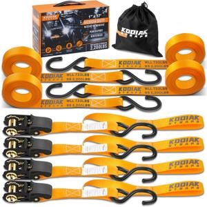 KODIAK STRAPS Ratchet Straps Heavy Duty Tie Down Strap Set 2200 Break Strength 1" x 17' 4pk with Soft Loops Cargo Truck Bed Tie Downs Coated Deep S-Hook & Carry Bag for Moving, Securing Cargo (Orange)