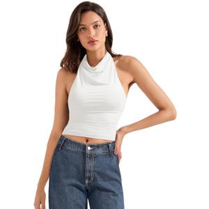 SUUKSESS Women Halter Backless Tank Tops Sexy Cowl Neck Summer Going Out Cami Tops (Small, Snow White)