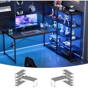Pamray L Shaped Computer Desk with Reversible Side Storage Shelves, 49 Inch Gaming Desk with Power Outlets and Led Lights, PC Table for Home Office and Bedroom Black