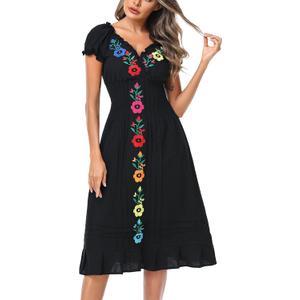 YZXDORWJ Women Mexican Embroidered Casual Dress Summer Ruffle V Neck Short Sleeves (Black, XL)