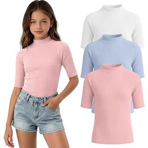 LessonZoo 3 Pack Girls' Shirts Teen Summer Tops Mock Turtleneck Slim Fit Ribbed Half Sleeve Fashion Tees Kids Clothes Trendy(Light Pink, Light Blue, White,11-12 Years)
