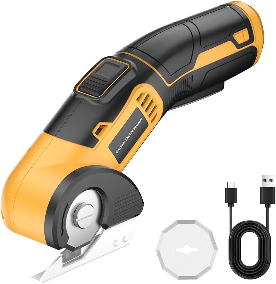 Cordless Electric Scissors, 4V Rechargeable Cardboard Cutter Heavy Duty Fabric Scissor with Safety Lock & 1 Spare Blade, Power Rotary Box Cutters for Carpet Leather Plastic Cutting, Crafting, Sewing