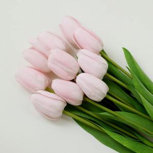 10Pcs Blush Artificial Tulips Silk Flowers, Long Stem and Green Leaves, Fake Flowers Decoration for Vase, Wedding, Party, Kitchen, Office, Home, Bedroom, Table Centerpiece Decor (Light Pink)