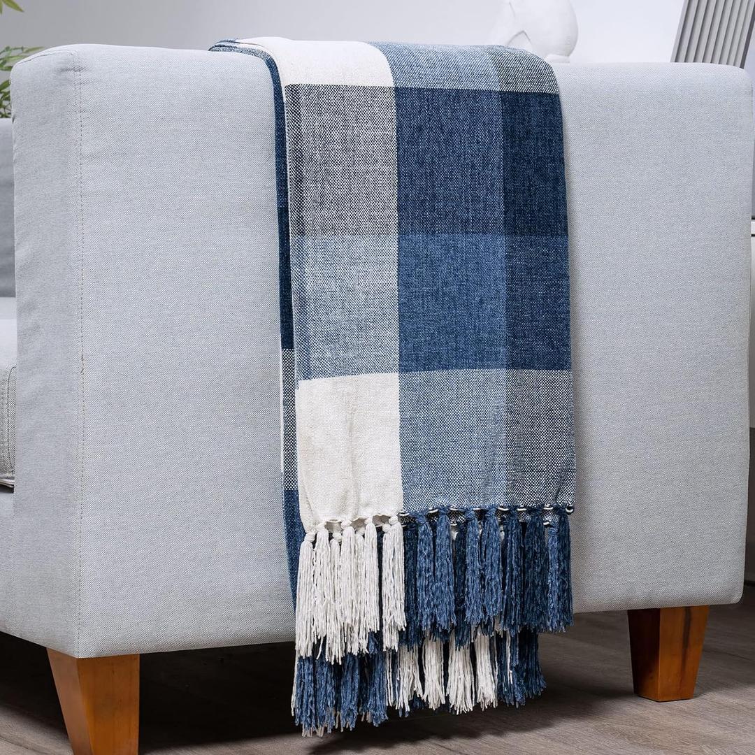 RECYCO Buffalo Paid Chenille Throw Blanket for Couch, Soft Cozy Decorative Buffalo Check Blanket Throw with Tassels for Bed Sofa, Lightweight Chenille Knitted Throw, Plaid Navy Off White, 50'' x 60''
