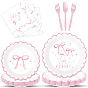 100PCS Pink Bow Baby Shower Plates and Napkins Bows Tableware Set Its A Girl Party Decoration Girls Baby Shower Parties Disposable Dessert Plate for Bowknot Themed Dinnerware Supplies Serve 25