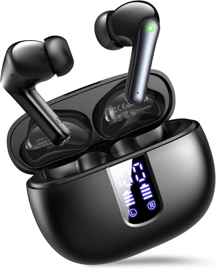 Ear Buds Wireless Earbuds - Bluetooth 5.3 Headphones (48H Playback) Built in Mic with LED Display Charging Case, IP7 Waterproof Earphone for iPhone Andriod Phones Laptop Sports Workout - Black