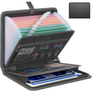 Fireproof Accordion File Organizer, Portable Expanding File Folder with Waterproof Zipper&Labels, Dark Gray Document Organizer with 13 Pockets, File Organizer for Important Document/Paper Storage