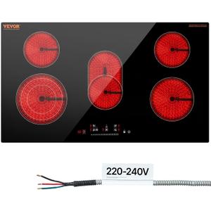 VEVOR Electric Cooktop, 36 inch 5 Burners Built-in Electric Stove Top, 8600W Ceramic Top Radiant Cooktop with Glass Panel, Touch Control, Timer, Child Lock, 9 Heat Level, 220-240V, Hard Wire (No Plug)