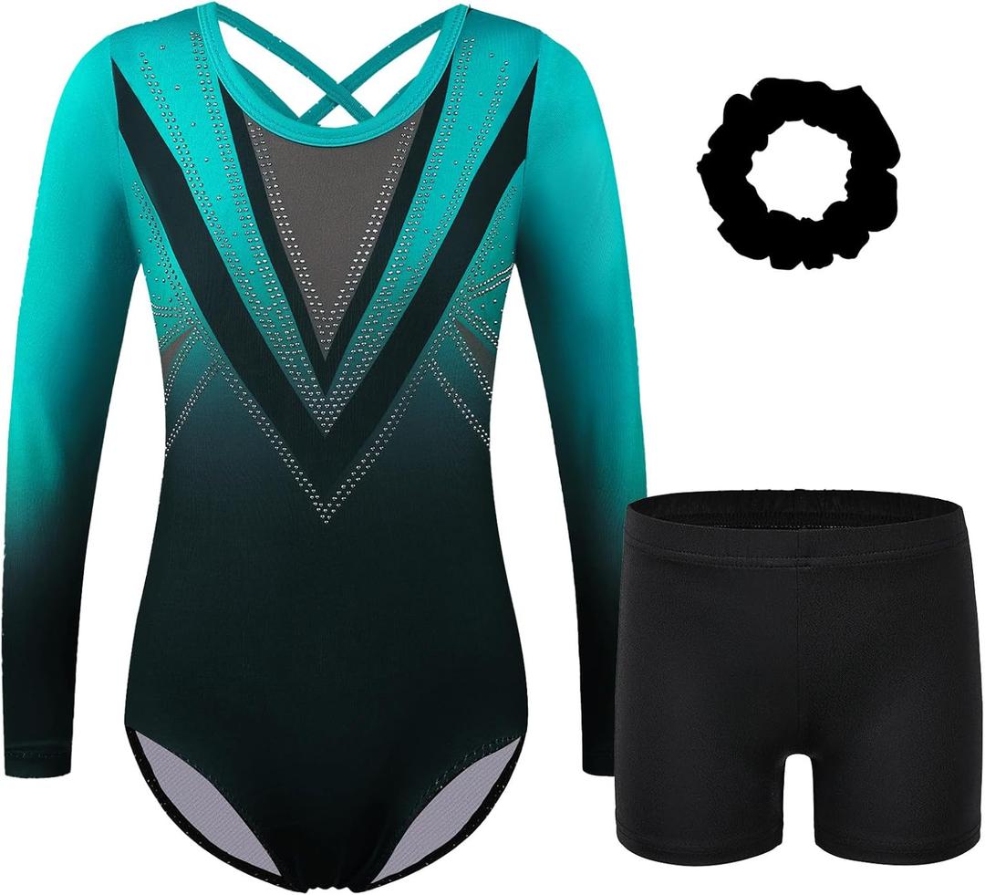 BAOHULU Gymnastics Leotards for Girls Long Sleeve Sparkly Cute Pattern Dance Outfit with Matching Shorts Set (13-14 Years)
