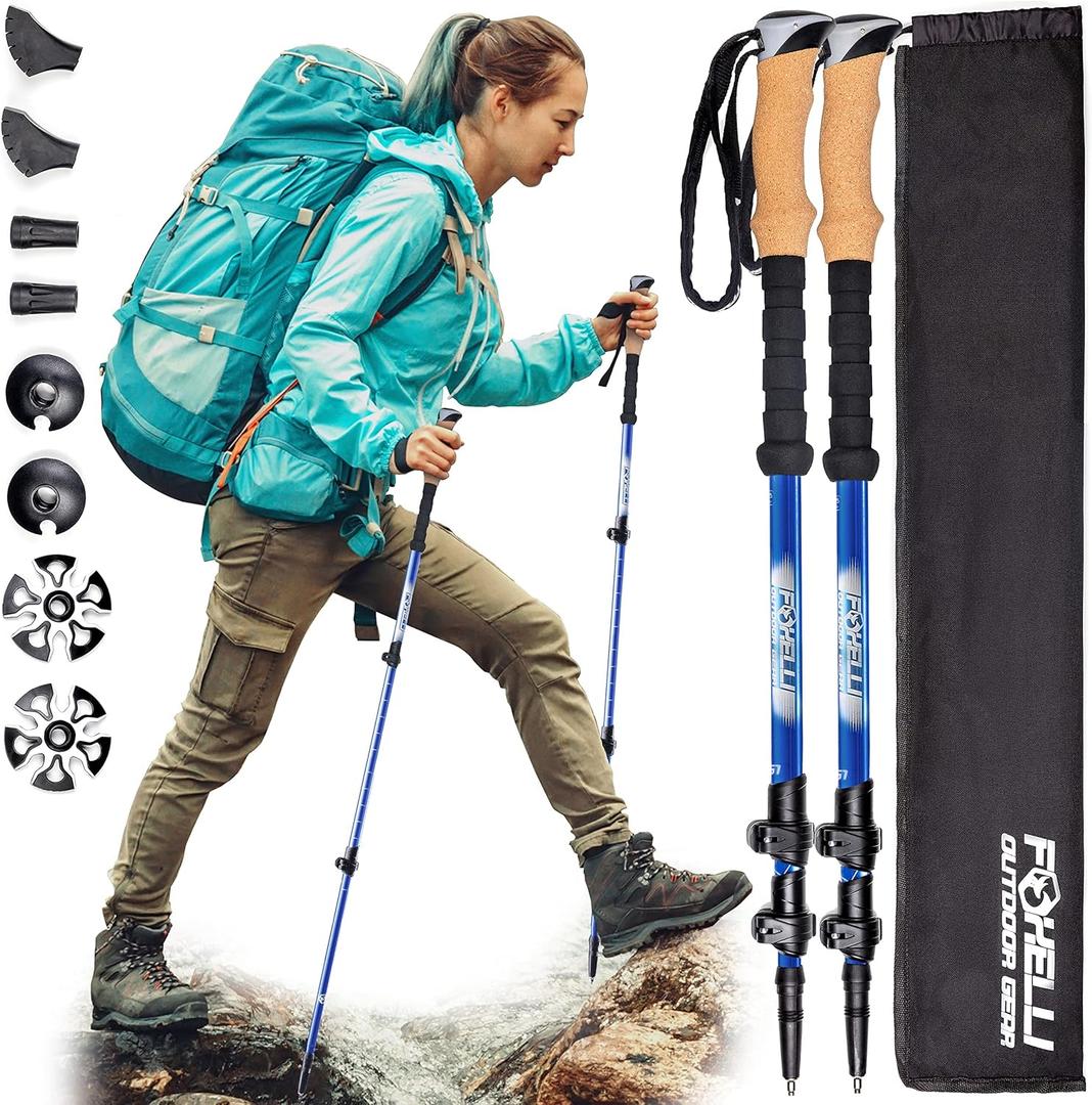 Foxelli Carbon Fiber Trekking Poles  Lightweight Collapsible Hiking Poles with Cork Grips, Lever Locks & All Terrain Accessories (Blue)