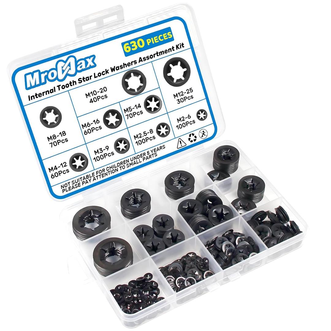 MroMax 630Pcs Internal Tooth Star Lock Washers 9 Sizes Quick Speed Locking Washers Assortment Kit 65Mn Steel Push on Retaining Clips Fasteners Black Oxide Finish M2 M2.5 M3 M4 M5 M6 M8 M10 M12