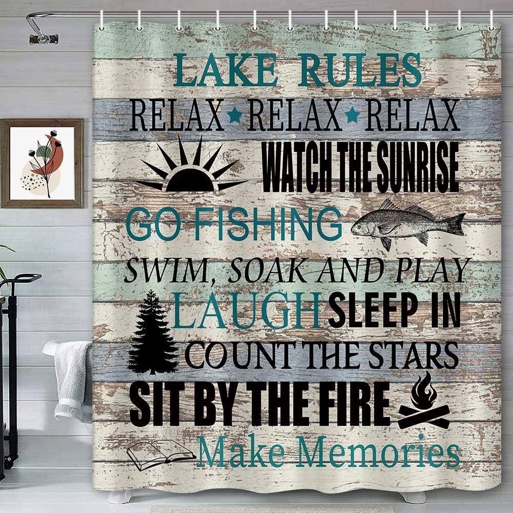 Rustic Lake Rules Shower Curtain for Bathroom, Lake Life Lodge Cabin Farmhouse Relax Quotes Vintage Country Wooden Plank Bathroom Decor Sets Camper RV Waterproof Bath Curtain with Hooks, 72"W x 72"L (Pack of 1)