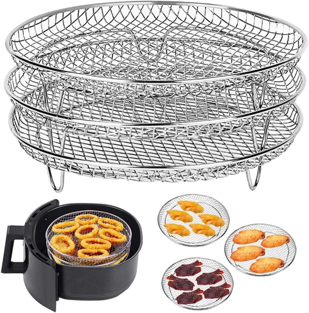 8 inch Round Air Fryer Racks 3 Layers Stackable Dehydrator Rack, 304 Stainless Steel Bacon Air Fryer Accessories for Oven, Double Drawer Basket Grill Rack, Foodi Grill (A)