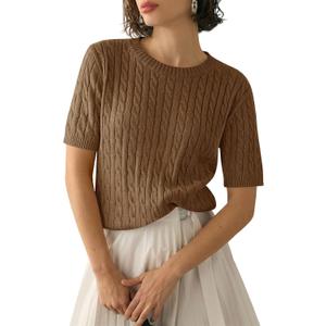 Saodimallsu Womens Cable Knit Sweater Tops Short Sleeve Crew Neck Loose Casual Summer Pullover Sweaters, S