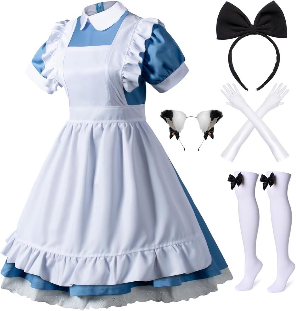 Wannsee Japanese Anime 6Pcs Lolita French Maid Apron Fancy Dress Cosplay Costume Gloves Headwear Socks set(Blue 2XL) (XX-Large, 6pcs-Blue)