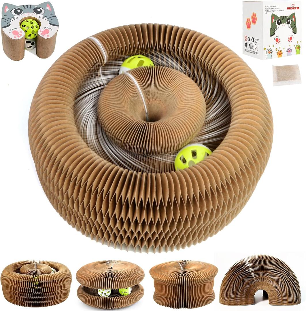 Upgraded-Magnetic Magic Organ Cardboard Cat Scratcher Toy with 2 Balls for Mental Physical Exercise, Multi-Shape Interactive Cardboard Cat Toy for Indoor Cats Flip with Fun, Brown/Gray,M, 1PCS (M - Kittens Prefer (1 Pack))