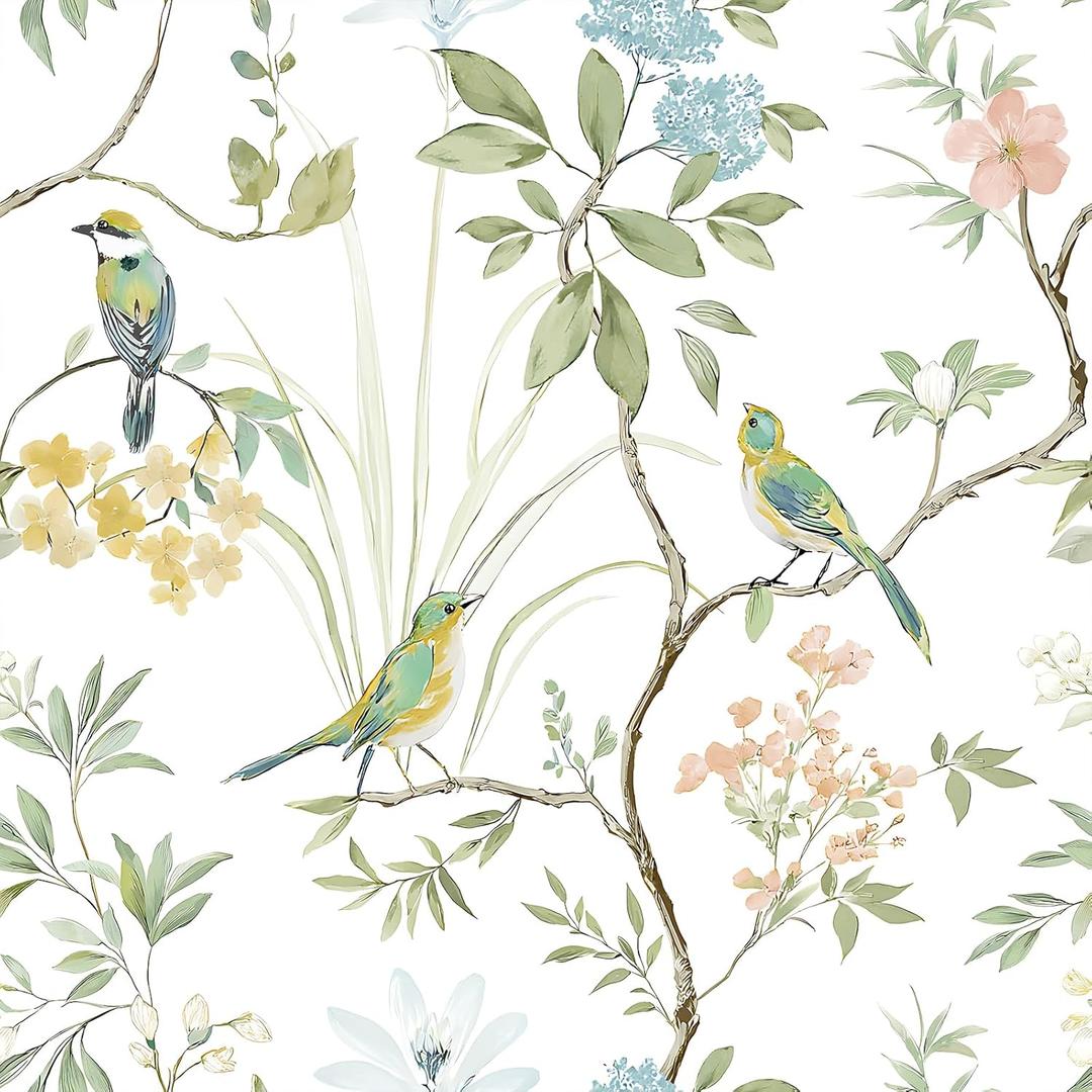 VEELIKE Vintage Chinoiserie Wallpaper Peel and Stick Cottage Floral Bird Wallpaper for Bedroom Bathroom Walls 17.7''x354'' Self Adhesive Removable Wall Paper with Birds Trees for Living Room Farmhouse