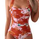 Eomenie Women One Piece Tummy Control Swimsuit Halter Scallop Trim Bathing Suits 1 Piece Vintage Ruched Slimming Swimwear Medium