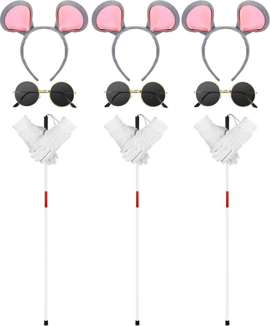 Liitrsh 12 Pcs Mouse Costume Accessories Set Mouse Headbands Round Sunglasses Folding Blind Cane White Gloves (Pink Gray Ear)