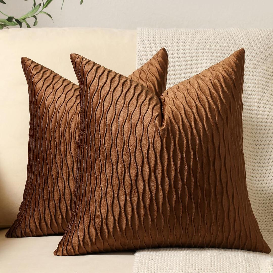 DEZENE Light Brown Throw Pillow Cases: 2 Pack 16x16 Inch Original Stripe Velvet Square Decorative Pillow Covers for Farmhouse Couch