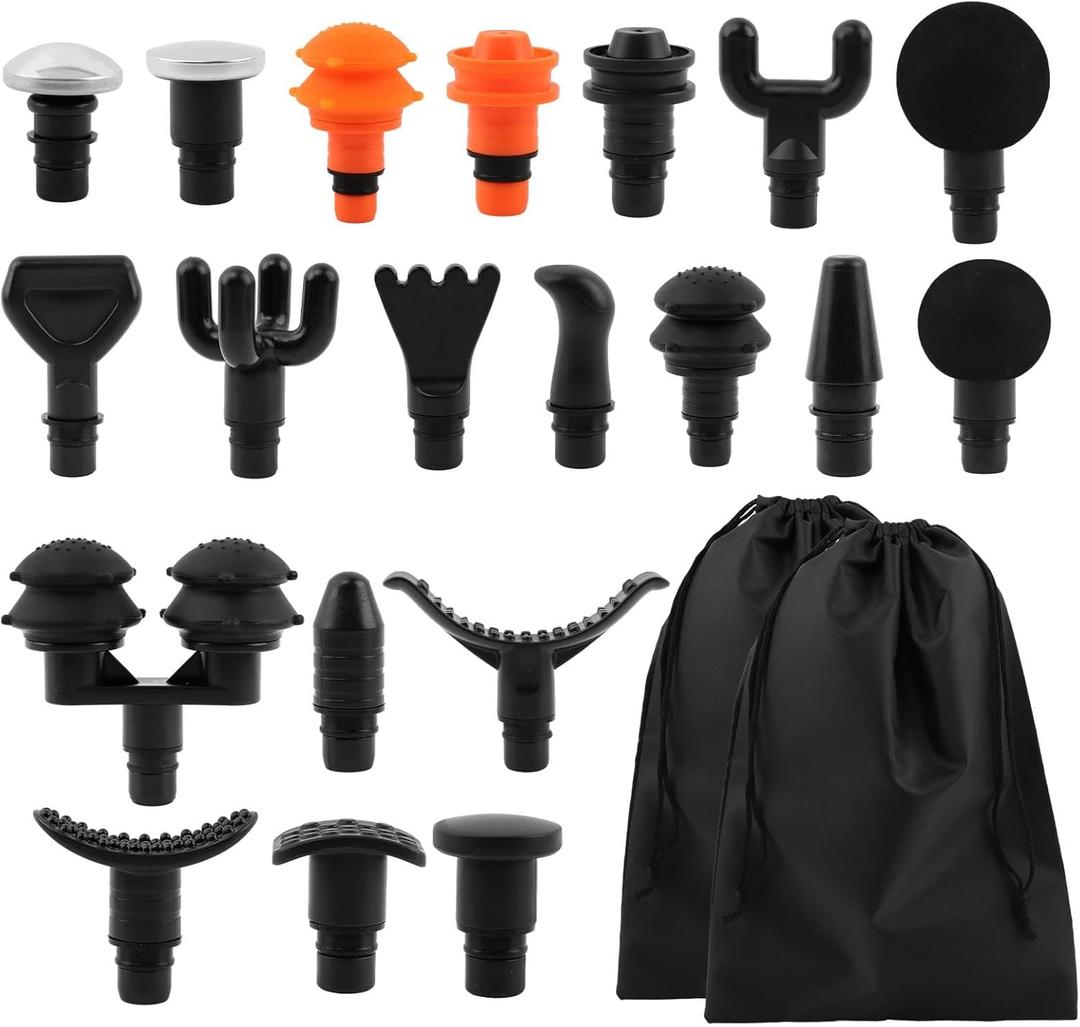 Massage Gu-n Attachments, 20pcs Relaxation Massager Heads with 2pcs Drawstring Bag Different Massager Heads to Meet Different Needs for Deep Tissue Percussion Plug and Play (Black, L)