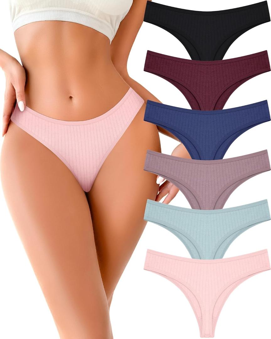 FINETOO Cotton Thongs for Women Soft Low Rise Sexy Thong Ladies Panties Womens Underwear 6 Pack XL