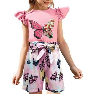 mksodop Girls outfits 2-Piece ruffled short sleeve butterfly floral print high waist floral shorts girls summer clothes (Pink, S)