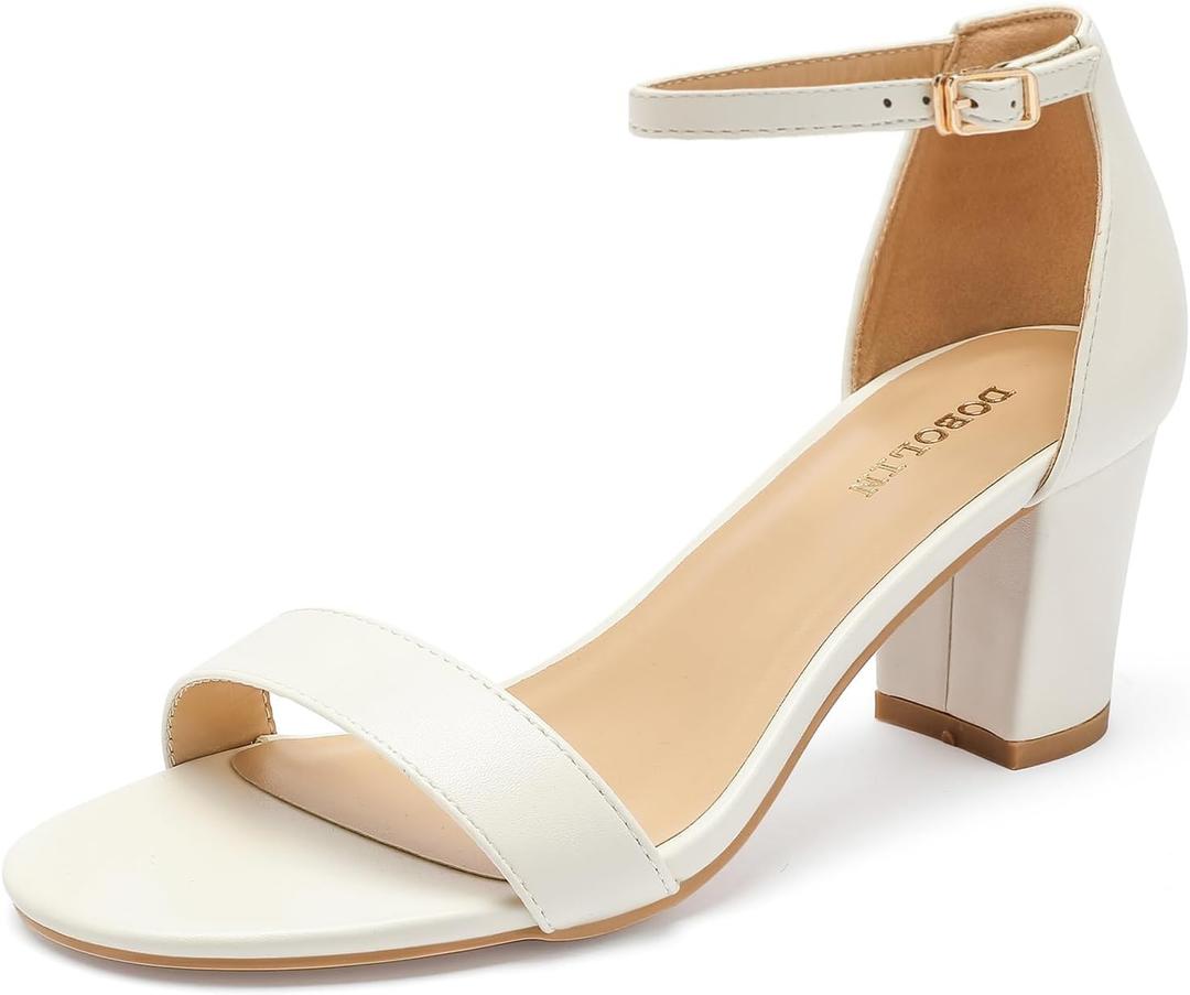 DOBOLIN Heels for Women Dress Shoes Heeled Sandals 2.5-Inch Low Block Chunky Hight Ankle Strap Strappy Open Toe Pumps Comfortable Dressy Wedding Bridal Homecoming White, Size 9.5