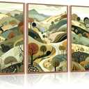 Aurlan Abstract Mountain Landscape Wall Art Set(16”x24”), 3 Pieces Green Forest Nature Framed Canvas Artwork, Large Boho Minimalist Watercolor Scenery Wall Decor for Office Bedroom Living Room
