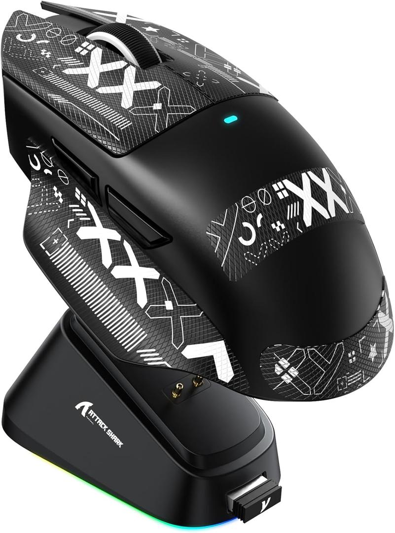 ATTACK SHARK V6 Wireless Gaming Mouse with RGB Charging Dock, 25K DPI PAW3311 Sensor, 1K Polling Tri-Mode Ergonomic PC Mice, 5 Programmable Bottons, Cloud-Based AI Driver for Win/Mac,Black&Tape