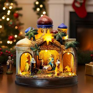 MXwcy Large Christmas Village Collectibles Statues Lighted Nativity Scene Architectural Decorations, Hand-Painted Bethlehem Creche with Holy Family & Magi, Religious Holiday Collectible Statue