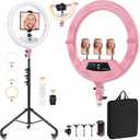 22" Foldable Ring Light with Stand for iPhone ipad, 75" Tripod with Wheels 50W 6500K LED Display/2 USB Ports Large Ringlight Rolling, Tattoo Barber Makeup Studio Video Photography Lighting(Pink)
