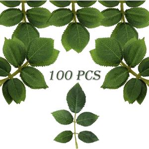 100 Pcs Artificial Flowers Green Leaf Bulk Faux Greenery Silk Fake Rose Leaves Bouquet Garland Wreath Floral Arrangement Supplie DIY Craft (1 Stem with 5 Medium-Leaf Green)