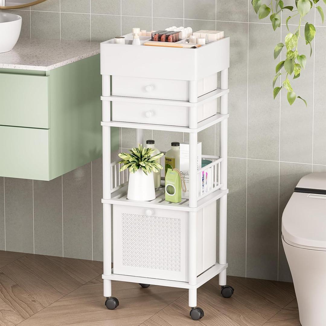 Amazer Bamboo Makeup Organizer Cart with 3 Drawers, Floor Skin Care Storage for Bathroom Bedroom, Rolling Vanity Organizer Cart for Cosmetic, Nail Polish, Perfume and Hair Tools, White