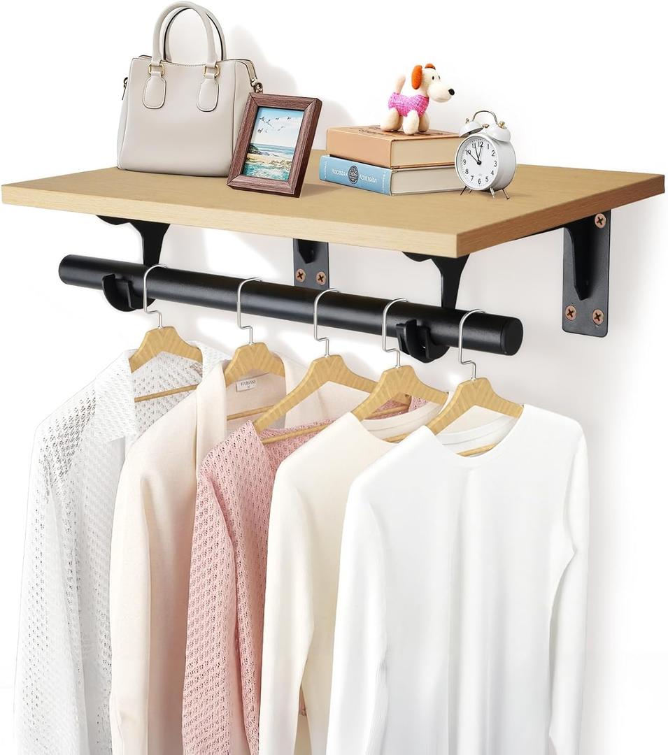FIRJOY Wall Mounted Clothes Rack, with Top Shelf and Hanging Rod, Heavy Duty (1 PACK 11.8" x 15.7", Black)